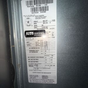 A close-up of a furnace rating plate, which provides important information such as model number, serial number, and operating parameters, that can be helpful for diagnosing potential issues and scheduling AC repair.